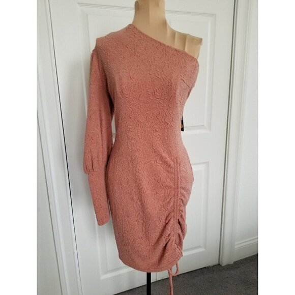 ELLIATT Long Sleeve One Shoulder Knit Mini Dress w/Drawstring Hem Dusty RoseSZ S - Picture 1 of 10